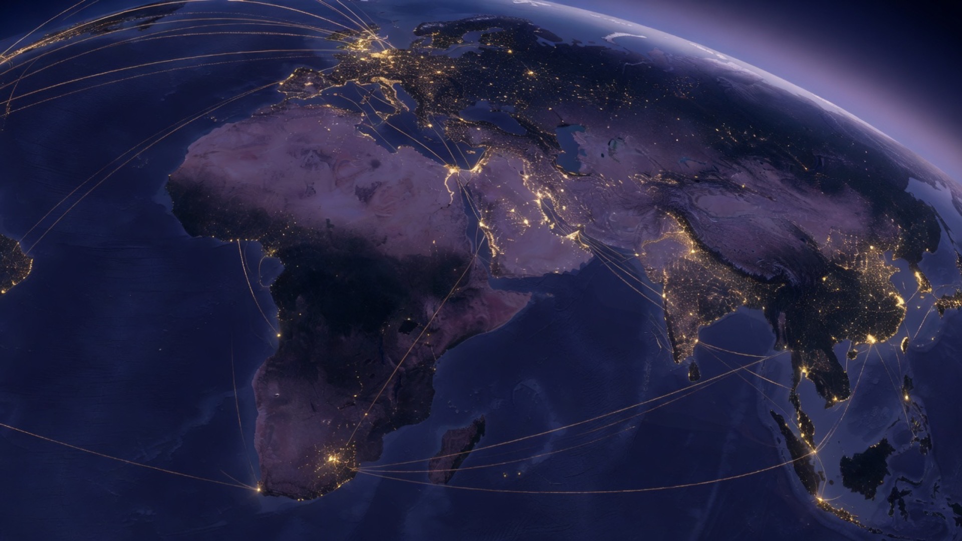 A globe with lights connecting different nations, representing the global virtual community.