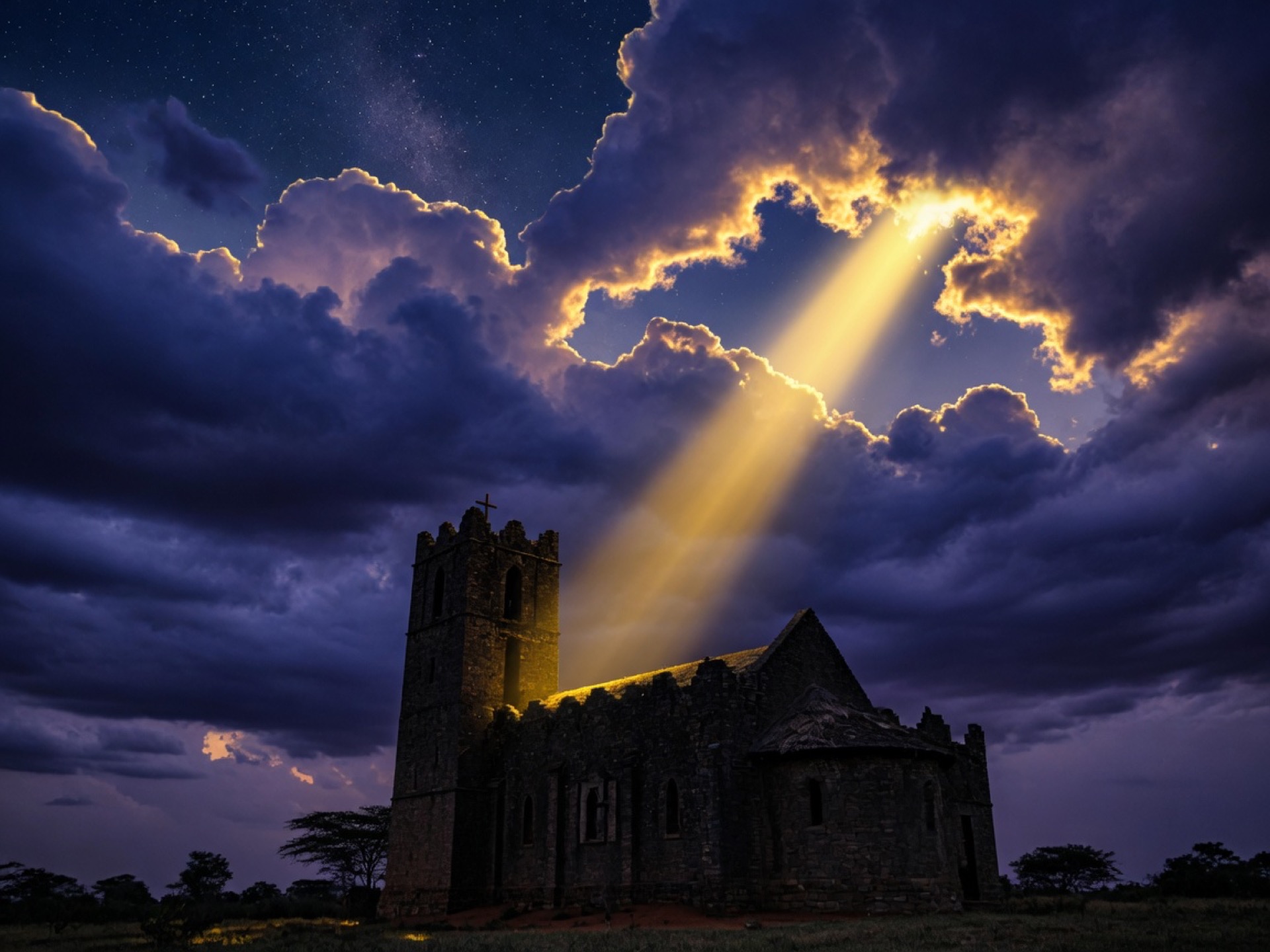A church lit up at night, representing the continuous prayer watch.